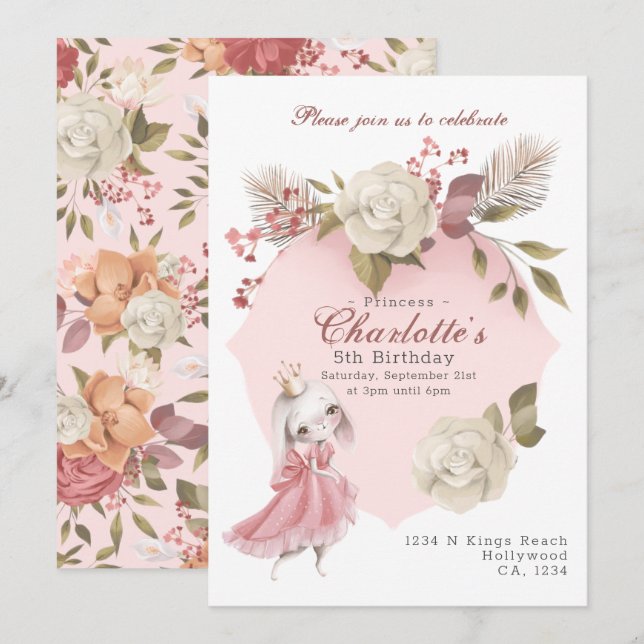 Princess Bunny Rabbit Personalised Birthday Party Invitation (Front/Back)