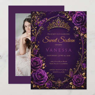 Princess butterflies photo purple sweet 16 invitation