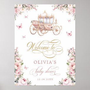 Princess Carriage Blush Floral Baby Shower Welcome Poster