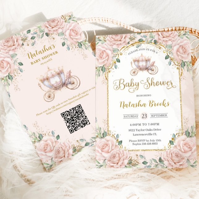 Princess Carriage Blush Pink Floral Baby Shower Invitation (Creator Uploaded)