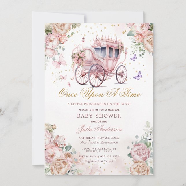 Princess Carriage Blush Pink Floral Baby Shower  Invitation (Front)