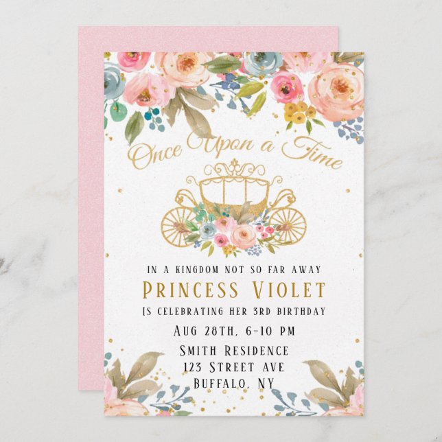 Princess Carriage Gold Glitter 00th Birthday Party Invitation (Front/Back)