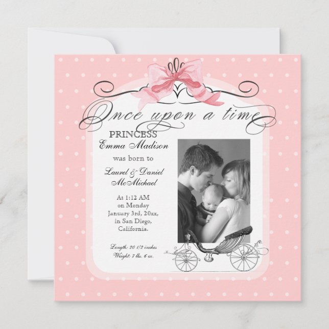 Princess Carriage Pink Ribbon Bow Photo Baby Girl Announcement (Front)