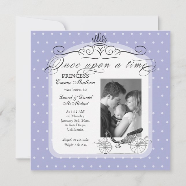 Princess Carriage Polka Dot Swirl Photo Baby Girl Announcement (Front)