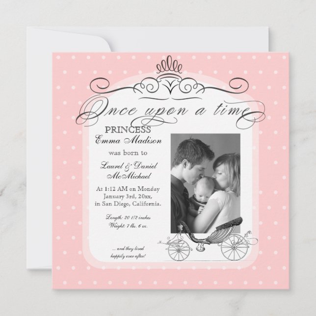 Princess Carriage Polka Dot Swirl Photo Baby Girl Announcement (Front)