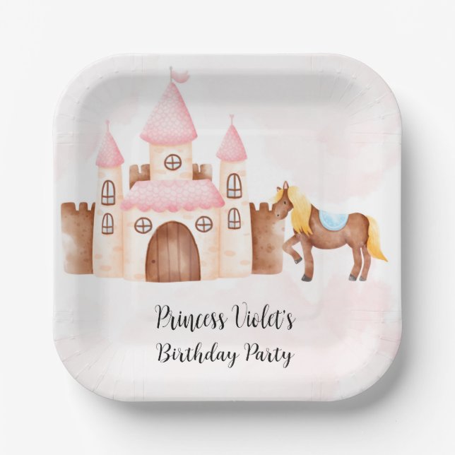 Princess Castle and Horse Custom Birthday Party Paper Plate (Front)