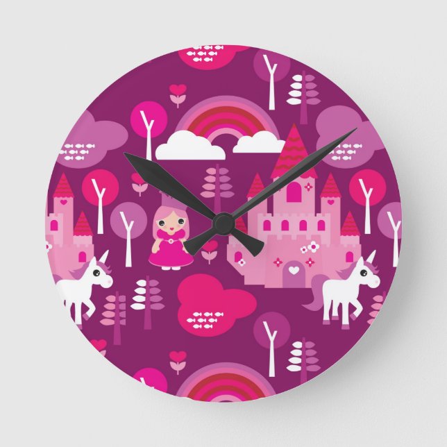 princess castle and unicorn rainbow round clock (Front)