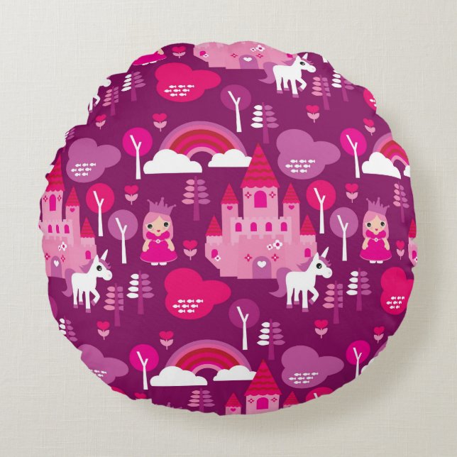 princess castle and unicorn rainbow round cushion (Front)