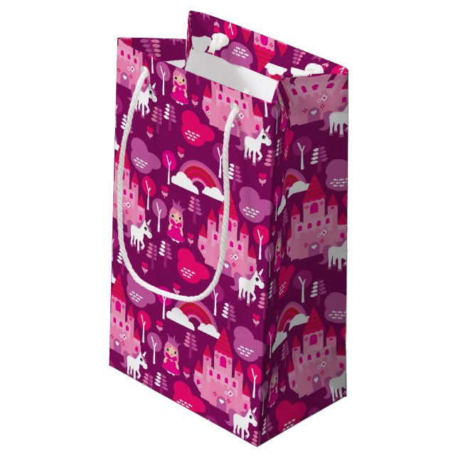 princess castle and unicorn rainbow small gift bag (Back Angled)