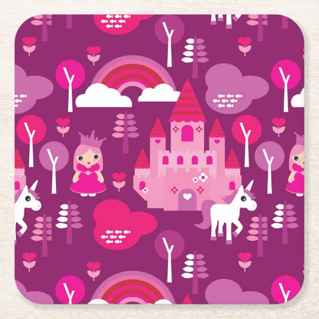 princess castle and unicorn rainbow square paper coaster (Front)