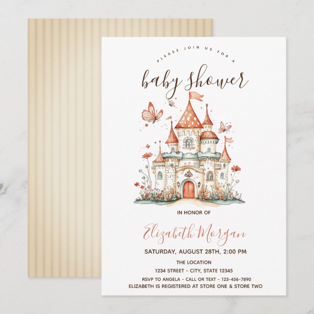 Princess Castle Butterflies Stripes Baby Shower   Invitation (Front/Back)