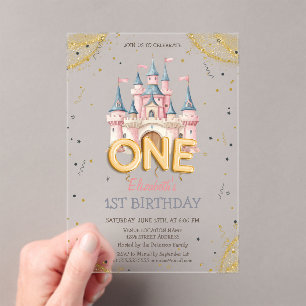 Princess Castle Confetti Watercolor 1st Birthday Acrylic Invitations