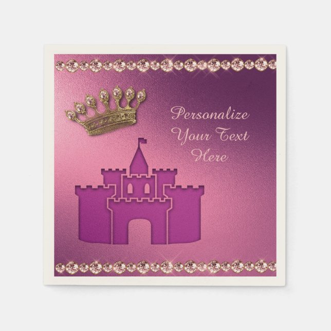 Princess Castle, Crown & Jewels Party Personalise Napkin (Front)