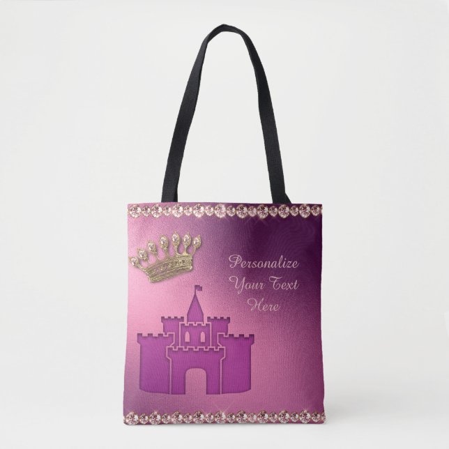 Princess Castle, Crown & Jewels Party Personalise Tote Bag (Front)
