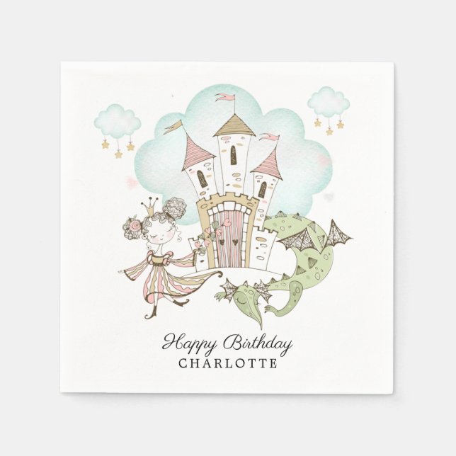 Princess Castle Dragon Girl's Birthday Party Napkin (Front)