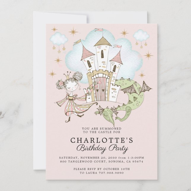 Princess Castle Dragon Girl's Pink Gold Birthday Invitation (Front)
