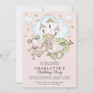 Princess Castle Dragon Girl's Pink Gold Birthday Invitation