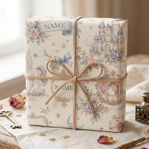 Princess Castle Floral Fairytale Custom Name Wrapping Paper Sheet