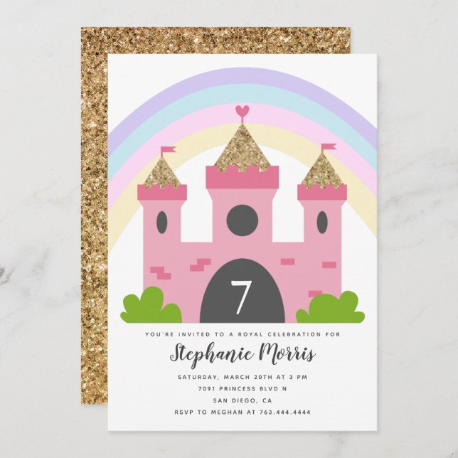 Princess Castle Pink Gold Birthday Party Invitation (Front/Back)