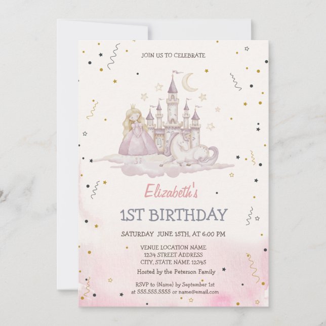 Princess Castle Pony Watercolor   Invitation (Front)