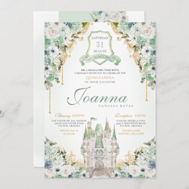 Princess Castle Royal Mint Green Quinceanera Invitation (Front/Back)
