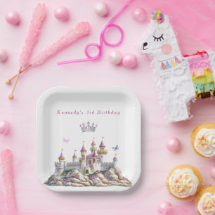 Princess Castle Silver Crown Pink Gems Butterflies Paper Plate