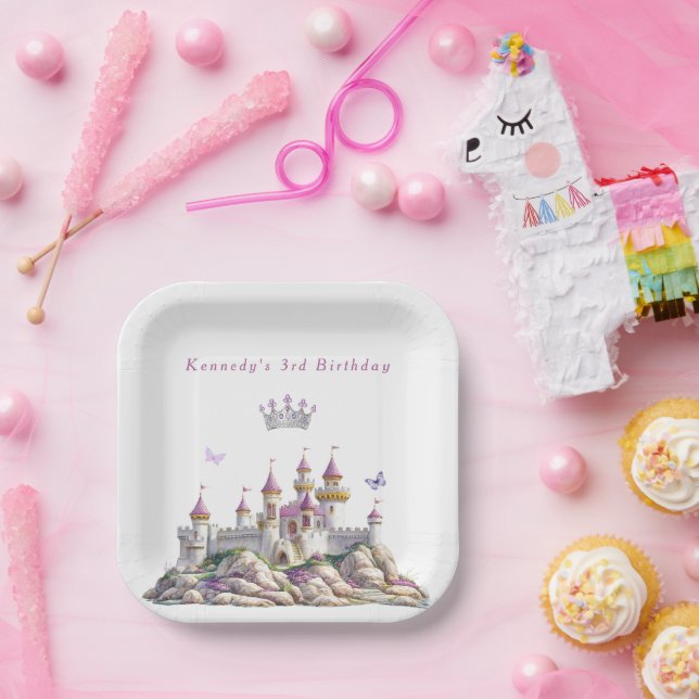 Princess Castle Silver Crown Pink Gems Butterflies Paper Plate (Party)