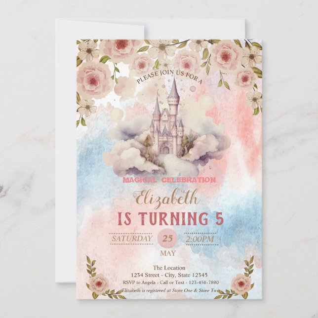 Princess Castle Watercolor Flowers Splash Birthday Invitation (Front)