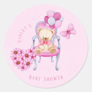 Princess Chair Teddy Bear Balloon Girl Baby Shower Classic Round Sticker