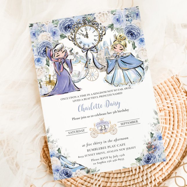Princess Cinderella Fairytale Blue Floral Birthday Invitation (cinderella-fairytale-princess-castle-pumpkin-carriage-blue-white-floral-birthday-invitation-card)