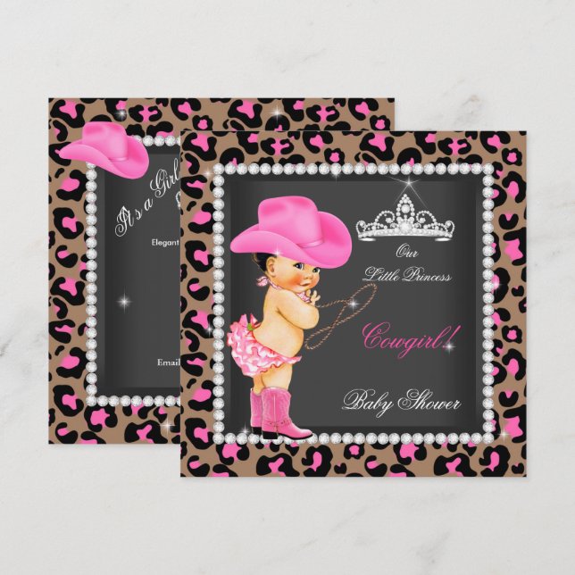 Princess Cowgirl Baby Shower Pink Brown Brunette Invitation (Front/Back)