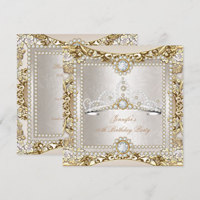 Princess Cream Gold Diamond Tiara Birthday Party Invitation (Front/Back)
