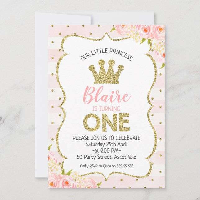 Princess Crown 1st Birthday Invitation (Front)