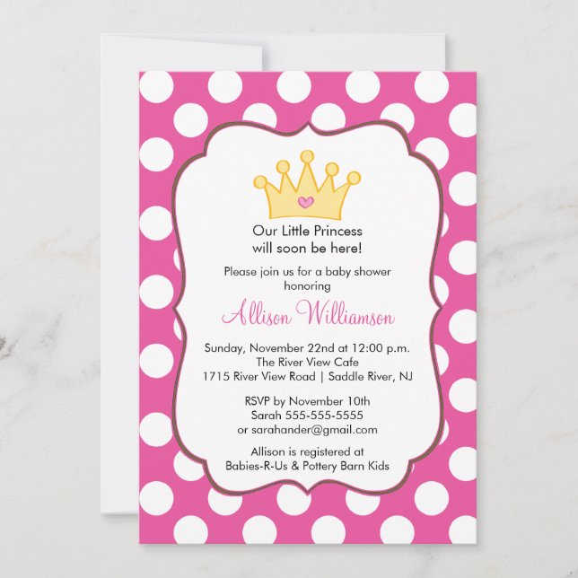 Princess Crown Baby Shower Invitation Pink Dots (Front)