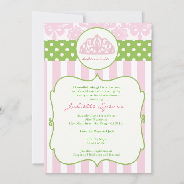 Princess Crown Baby Shower Invitations Pink Green (Front)
