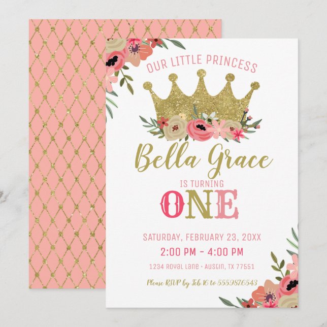 Princess Crown Birthday Invitation Pink Gold (Front/Back)