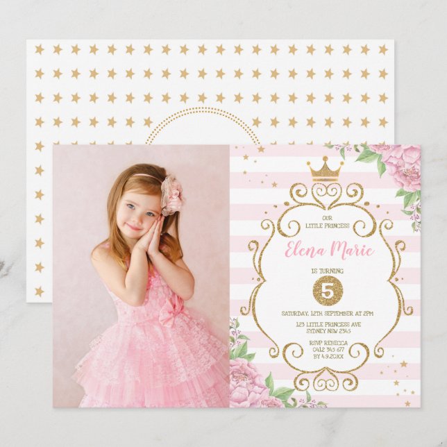 Princess Crown Birthday Pink Gold Floral Party Invitation (Front/Back)