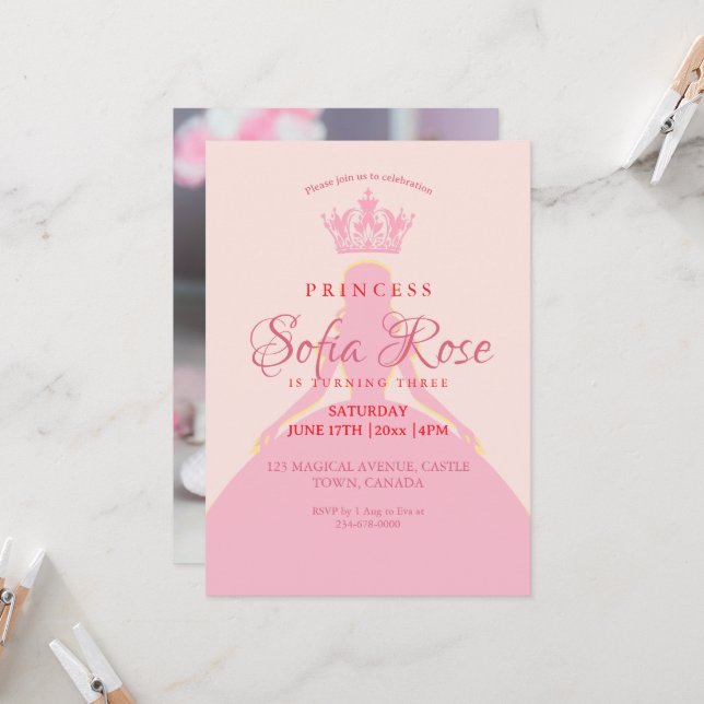  Princess Crown Blush Pink Girly Photo Birthday Invitation (Front/Back In Situ)