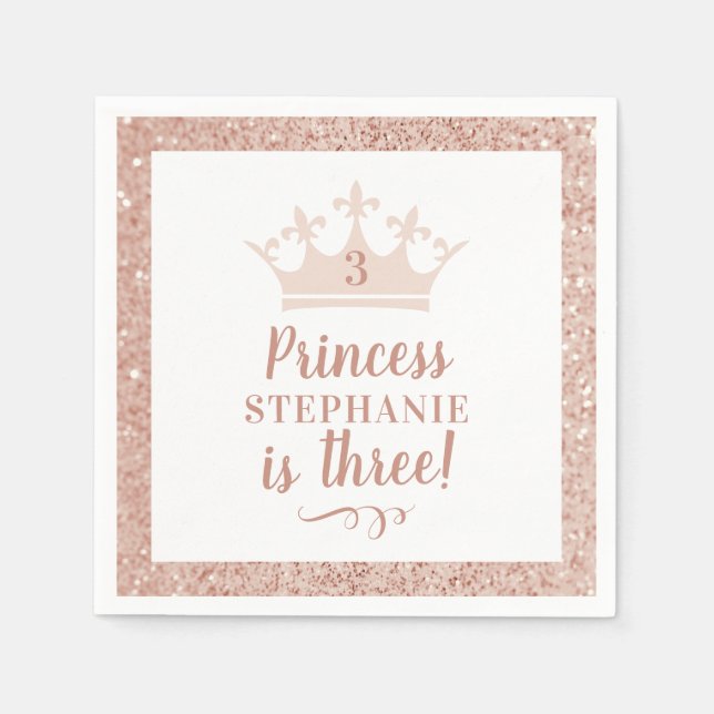 Princess Crown Blush Pink Glitter Birthday  Napkin (Front)