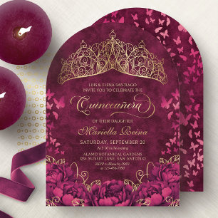 Princess Crown Burgundy Butterflies Quinceanera Invitation