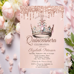 Princess Crown Castle Rose Gold Drips Quinceañera Invitation
