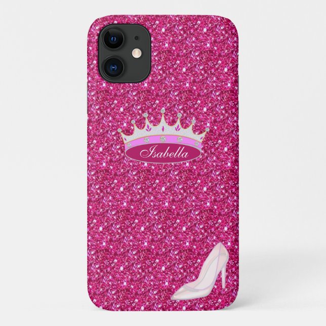 Princess crown & crystal shoe on pink glitter Case-Mate iPhone case (Back)