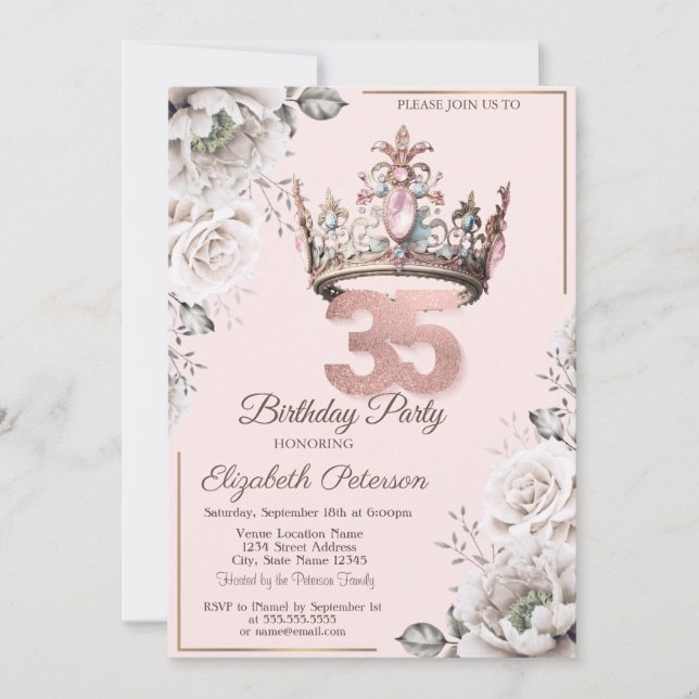 Princess Crown Floral 35th Birthday Party Invitation (Front)