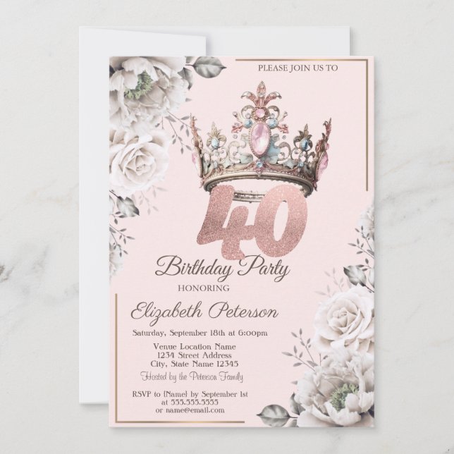 Princess Crown Floral 40th Birthday Party Invitation (Front)