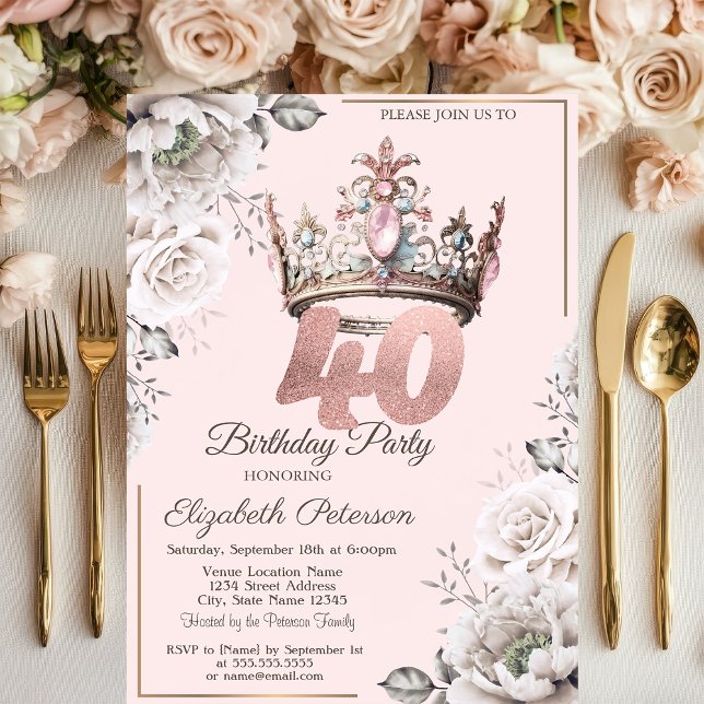 Princess Crown Floral 40th Birthday Party Invitation (Creator Uploaded)