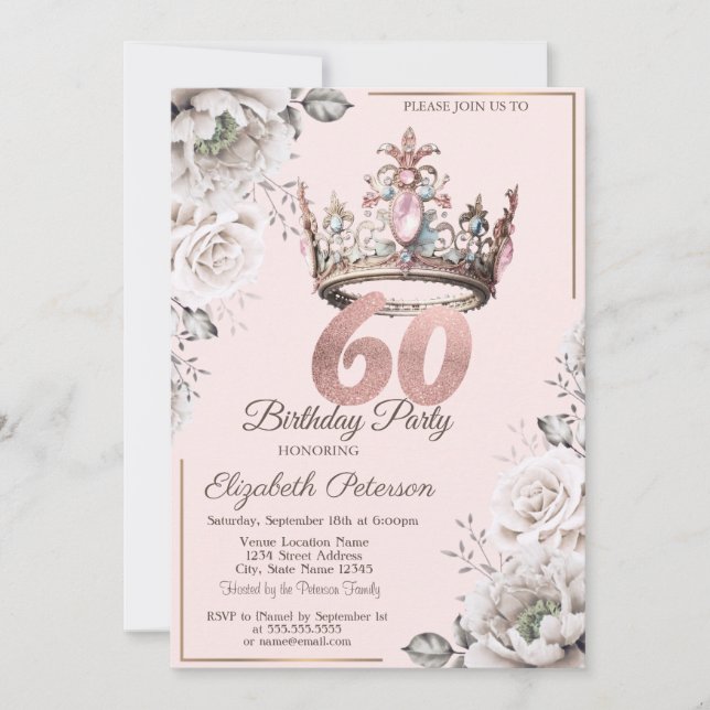 Princess Crown Floral 60th Birthday Party Invitation (Front)