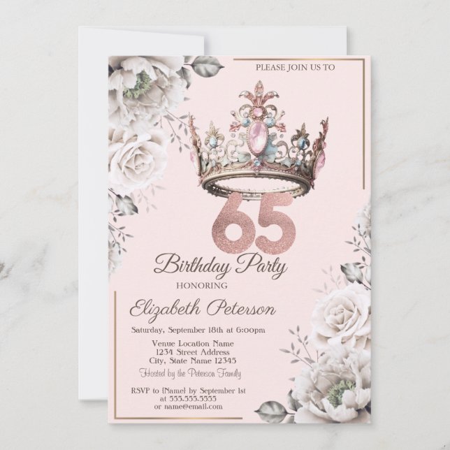 Princess Crown Floral 65th Birthday Party Invitation (Front)