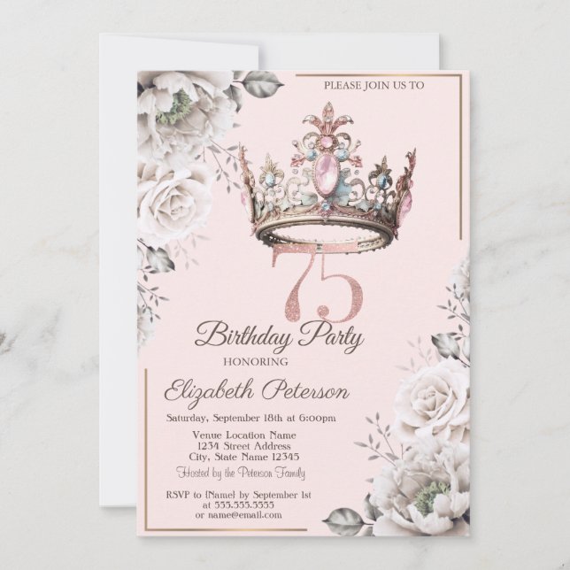 Princess Crown Floral 75th Birthday Party Invitation (Front)