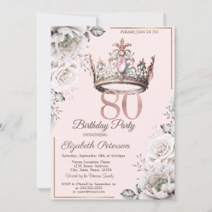 Princess Crown Floral 80th Birthday Party Invitation
