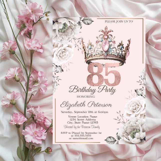 Princess Crown Floral 85th Birthday Party Invitation (Creator Uploaded)
